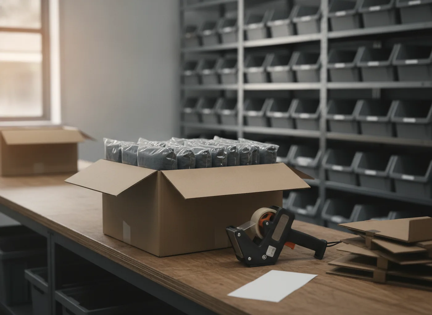 Pick and pack bench with a part-packed carton, tape gun and picking totes